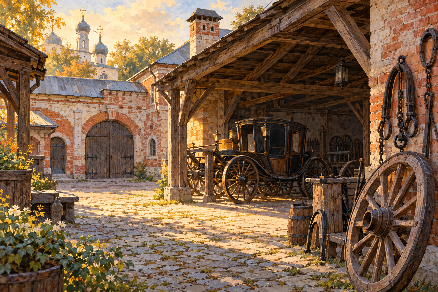Карета в воображаемом историческом дворе — тематическая иллюстрация.